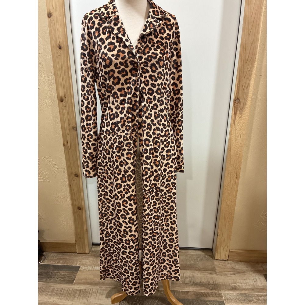 Leopard Print Velvet Like Maxi Duster Cardigan Long Sleeve Button Front